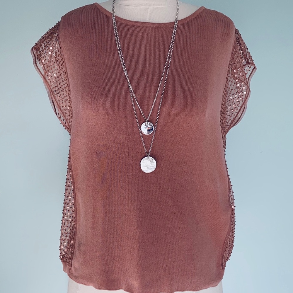Zara Sequin Sheer Sides Knit Top Mauve M - Picture 2 of 8